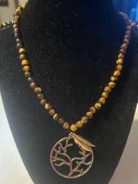 Tree of Life Tiger Eye Bead Necklace - Brown & Gold
